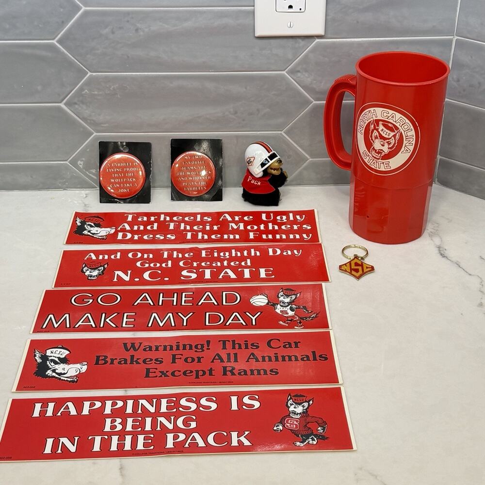 Vintage NC State Wolfpack Fan Lot Mug Decals Pins Clip On Mascot Figure NCSU